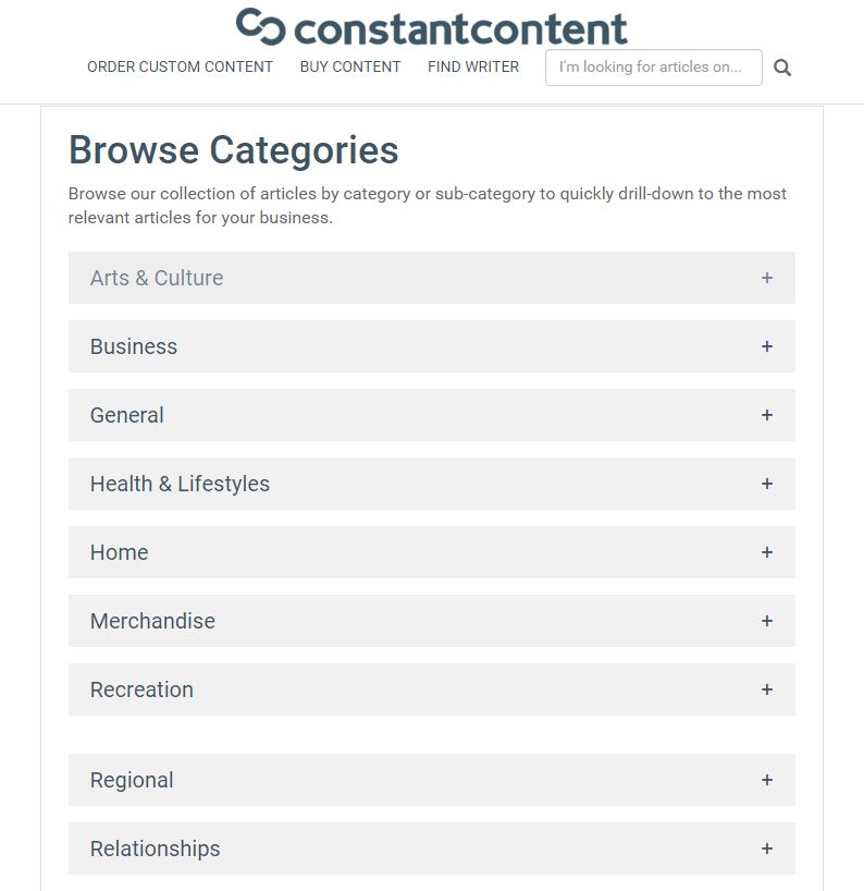 Constant Content browse categories page.