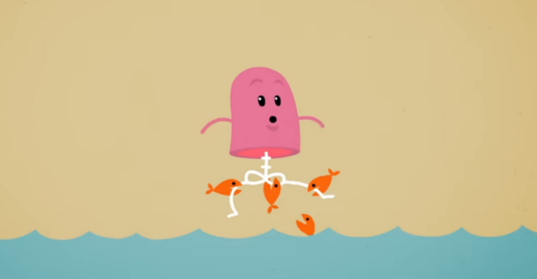pink cartoon character getting eaten by piranhas