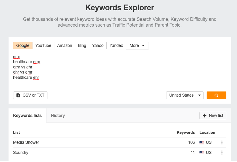 keywords explorer list