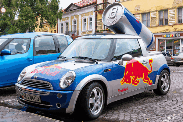 Mini Cooper car with Red Bull logo