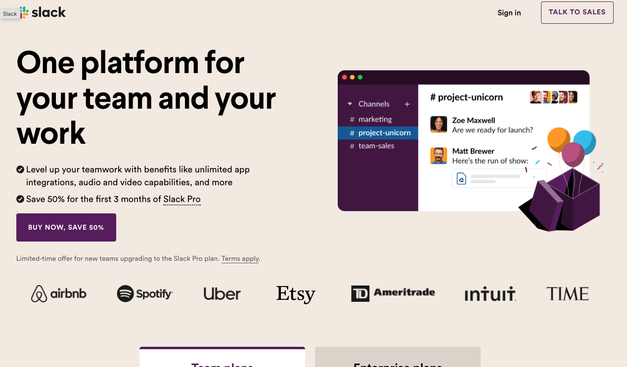 slack landing page