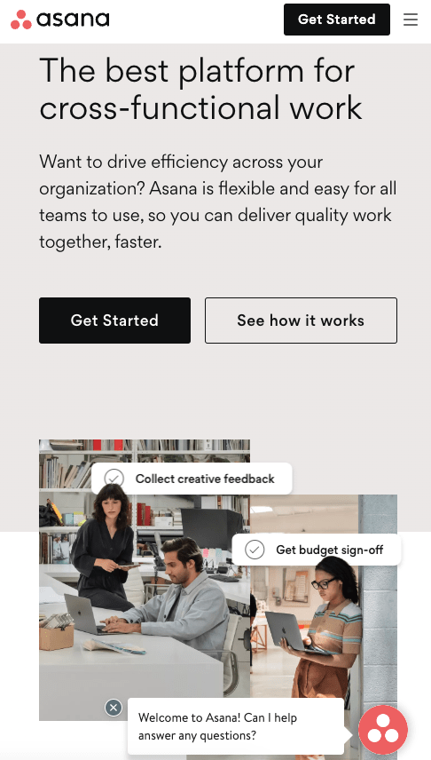 Asana b2b landing page design on mobile