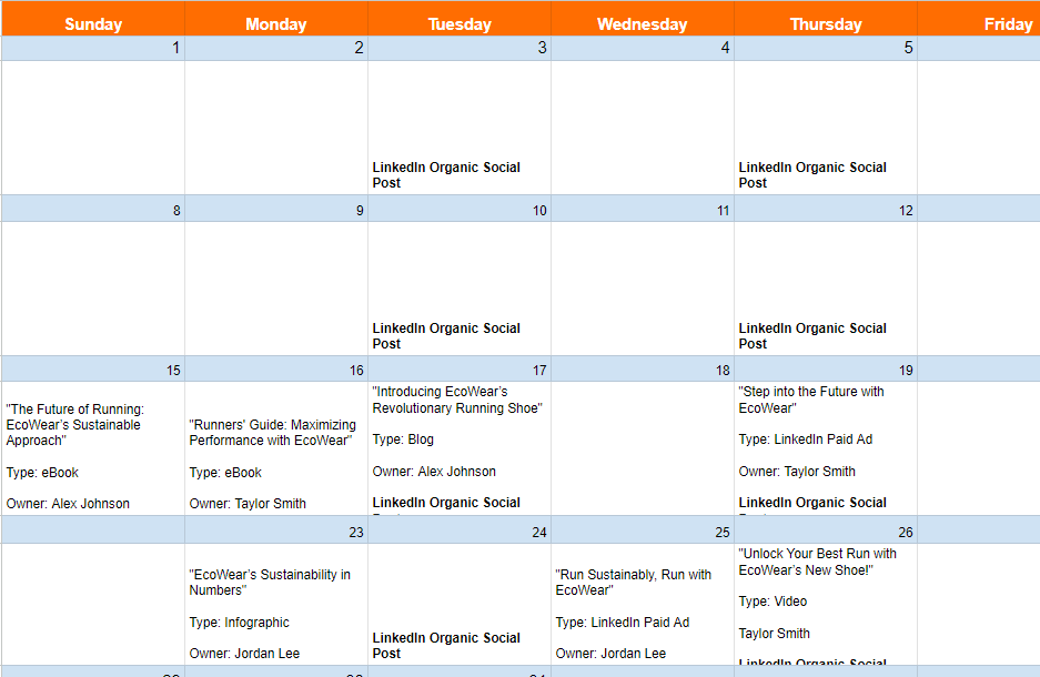 standard content calendar