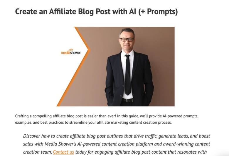 screenshot of a blog post on how to crate an affiliate blog post with AI