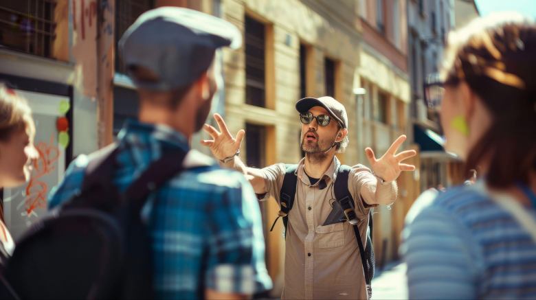 people in the street on a tour with a tour guide