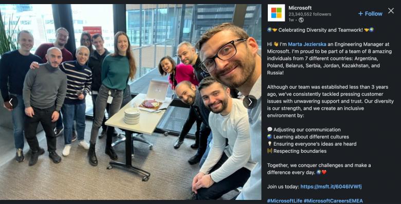 microsoft post about diversity and teamwork