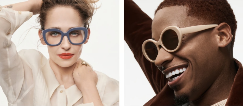 two models wearing warby parker glasses