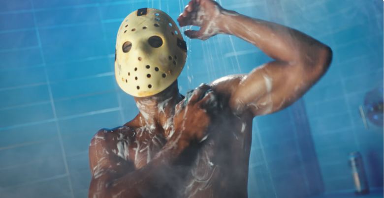 masked killer in the shower using a soap bar