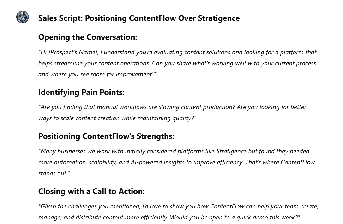 sales script positioning contentflow over stratigence