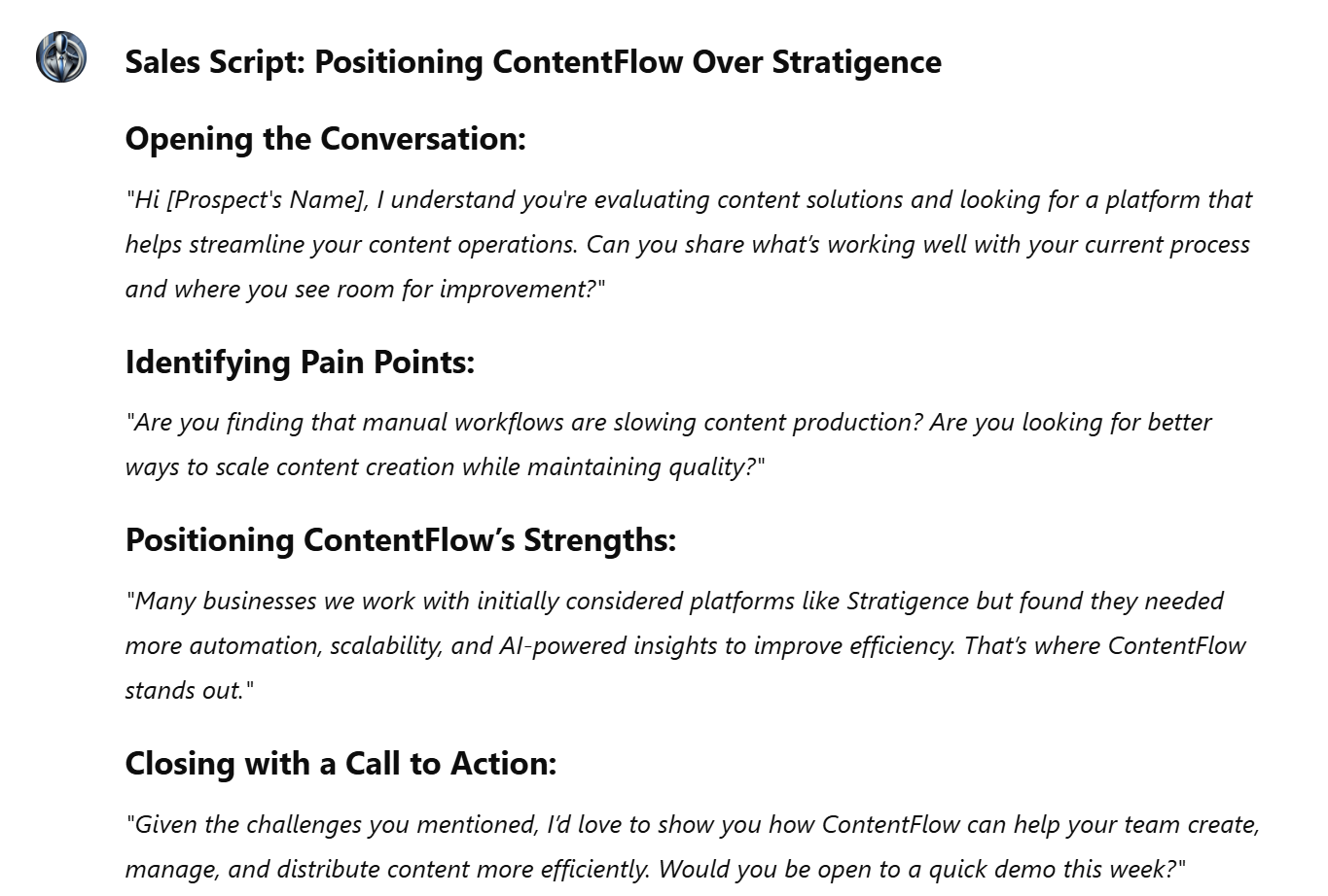 sales script positioning contentflow over stratigence