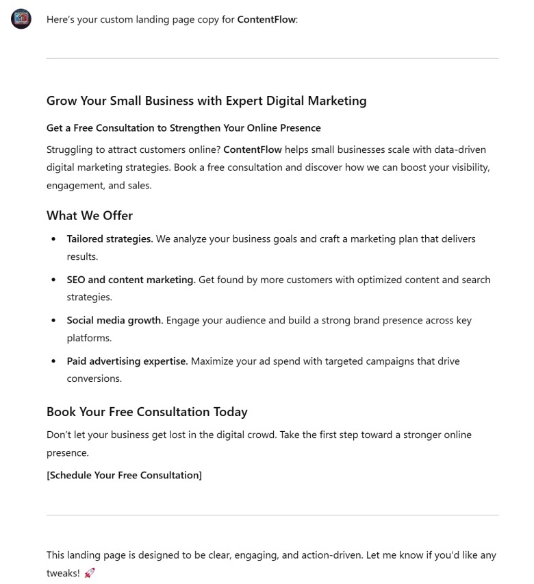 Custom landing page for ContentFlow offering digital marketing services and free consultations
