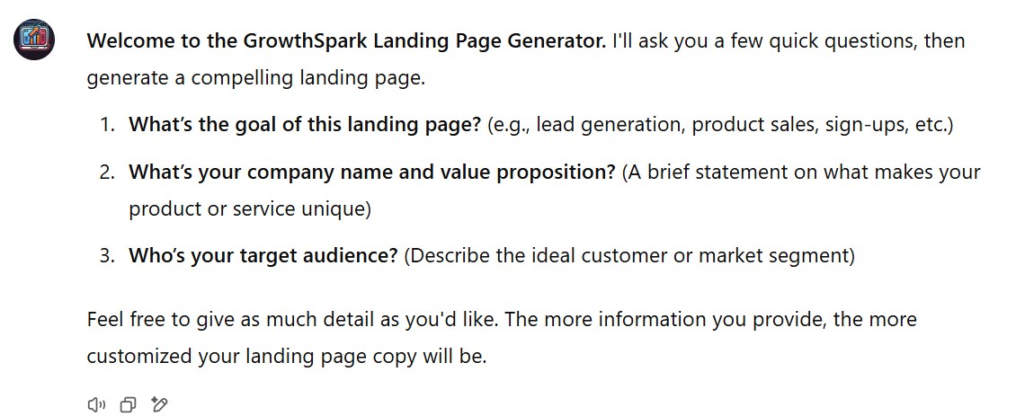 Instructions for using the GrowthSpark Landing Page Generator