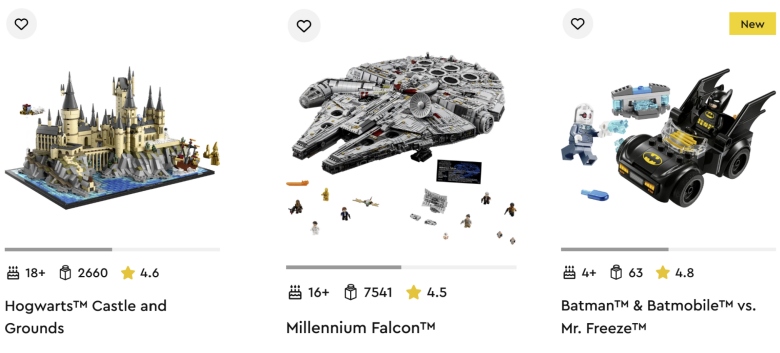 LEGO Hogwarts Castle, Millennium Falcon, Batman Batmobile vs. Mr. Freeze sets