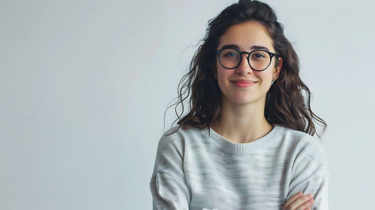 Person with wavy hair in glasses and a sweater, smiling against a light background