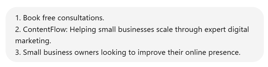 Three-point list free consultations, ContentFlow's digital marketing, and small business target audience