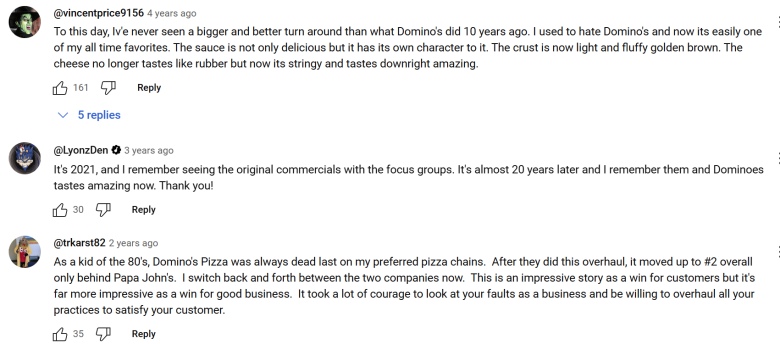 YouTube comments praising Domino's pizza overhaul, comparing to competitors