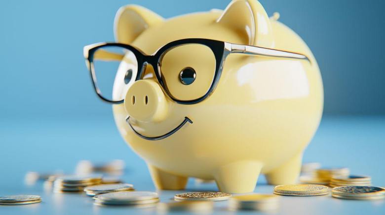 a piggy bank wearing glasses with coins around it