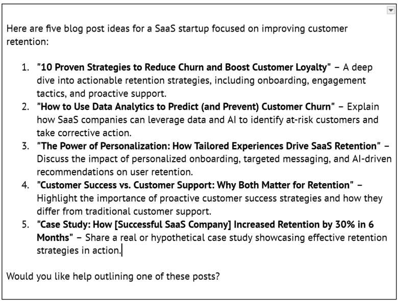 examples of blog post ideas for SaaS generated with AI