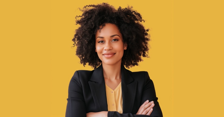 young black woman with arms crossed smiling in a yellow background