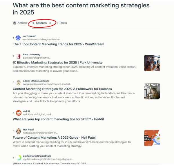 Sources section on Perplexity about the best content marketing strategies in 2025
