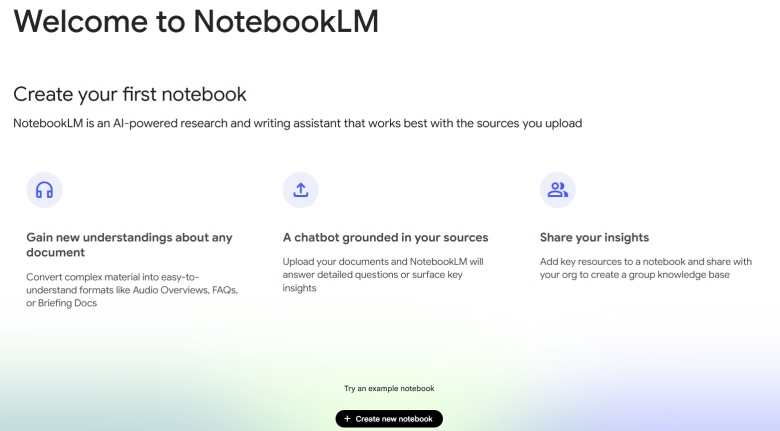 Welcome page to NotebookLM