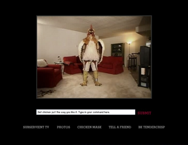 a man in a feathered suit by a 2004 burger king's campaign