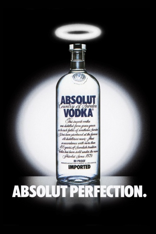 absolute vodka bottle with a halo on top and the caption absolute perfection.