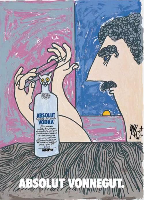 cartoon of an absolut vokda bottle next to a man with a cat's cradle