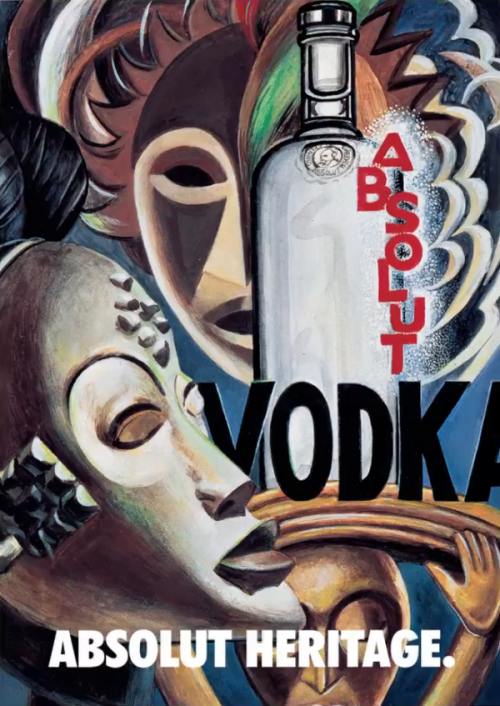 painting of culturally diversed masks and a vodka bottle with the caption absolut heritage