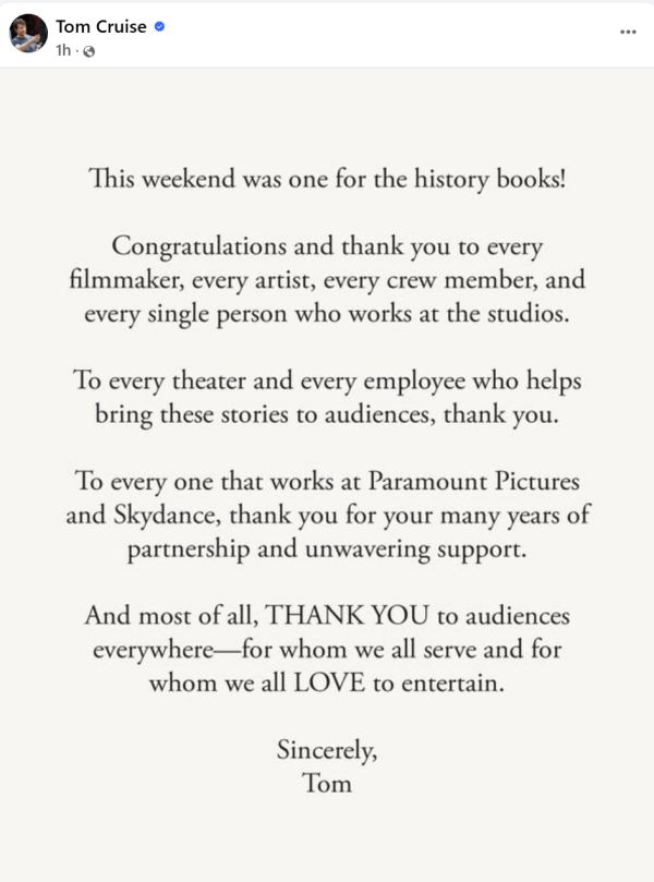 thank you facebook post on tom cruise's account