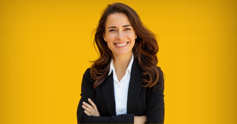 woman in a suit smiling with a yellow background
