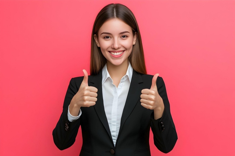 young woman in a suit smiling and giving thumbs up
