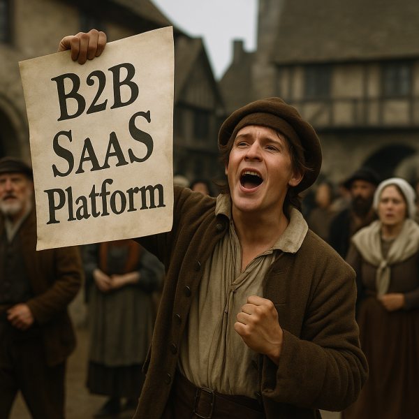 AI-generated image of a protest in the 1800's holding a b2b saas platform