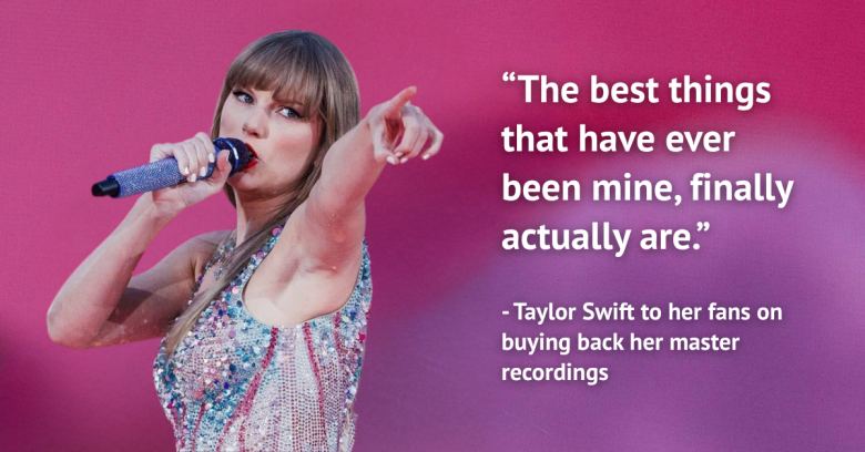 Taylor Swift holding a mic and singing next to a quote about her master recordings