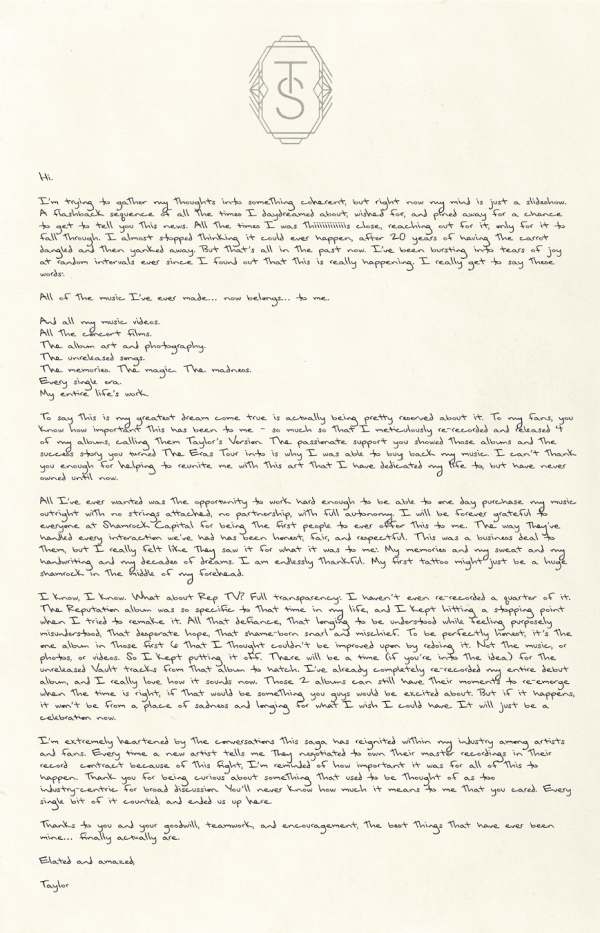 Taylor Swift's announcement letter in writing