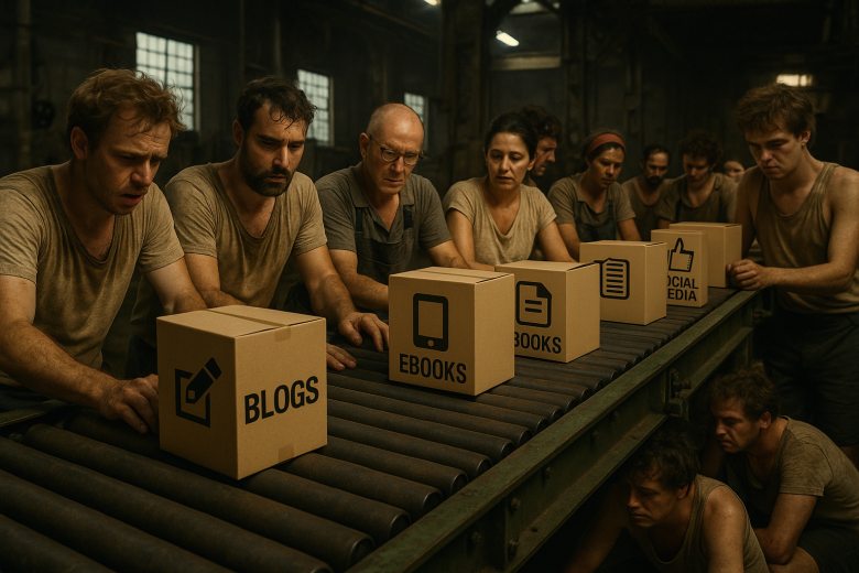 assembly line of ten sweaty marketers