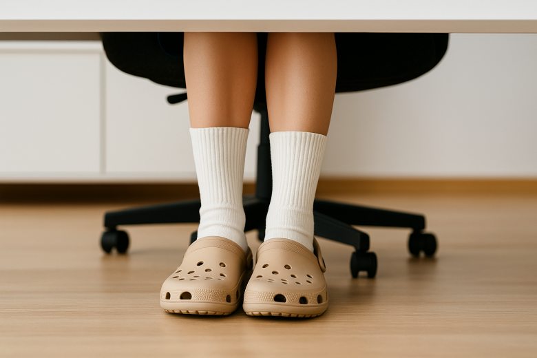 feet of a woman sitting at a desk and wearing beige crocs