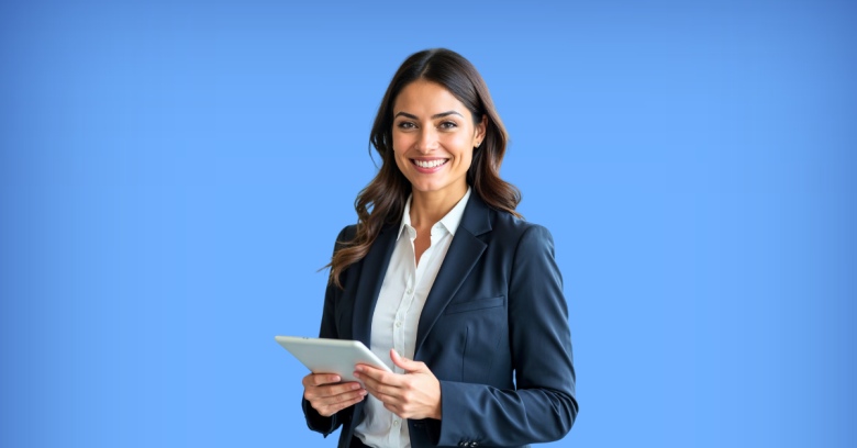 woman in a navy blue suit smiling and holding a tablet