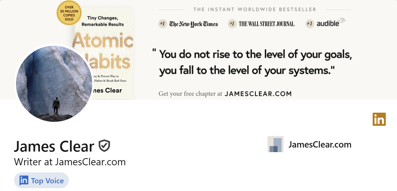 James Clear's profile highlights 'Atomic Habits' success.