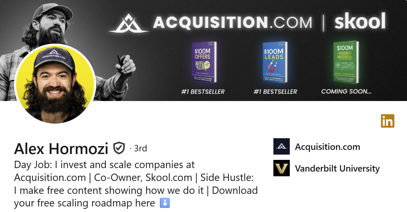 Alex Hormozi's profile with book covers and company logos.