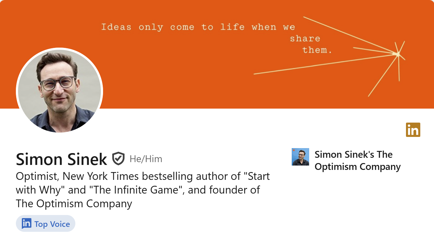 Simon Sinek's LinkedIn banner with motivational quote