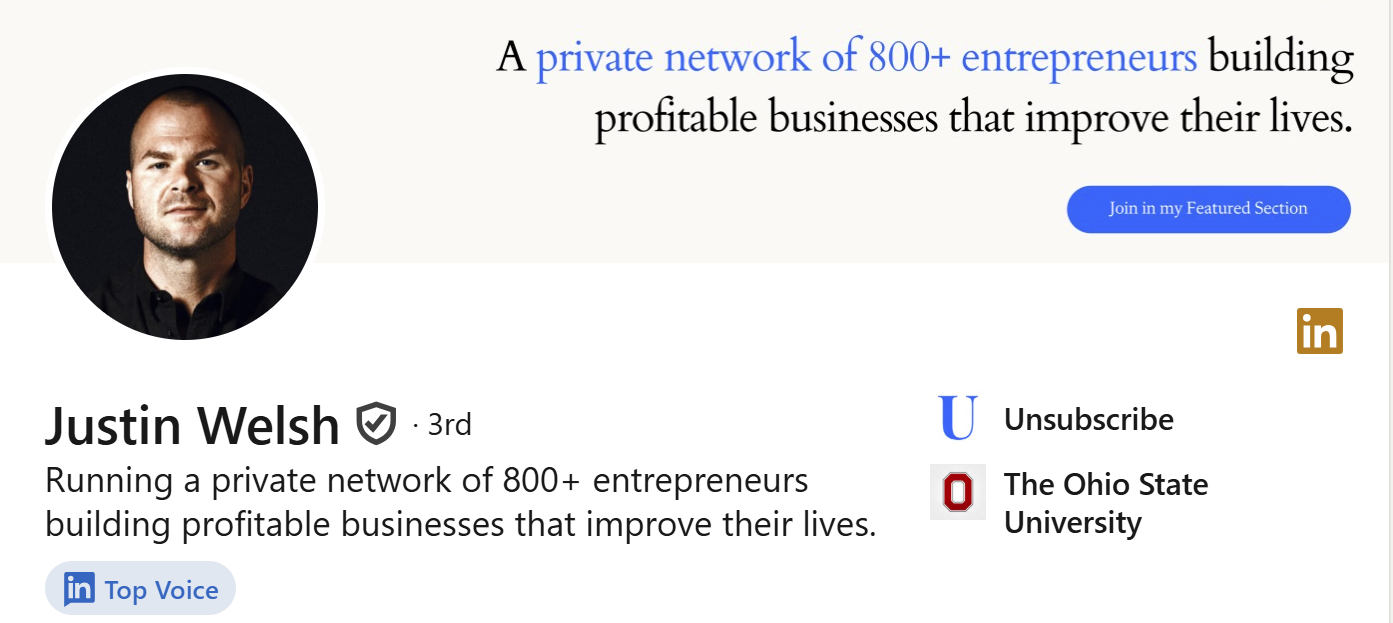 "Justin Welsh LinkedIn profile for entrepreneur network."