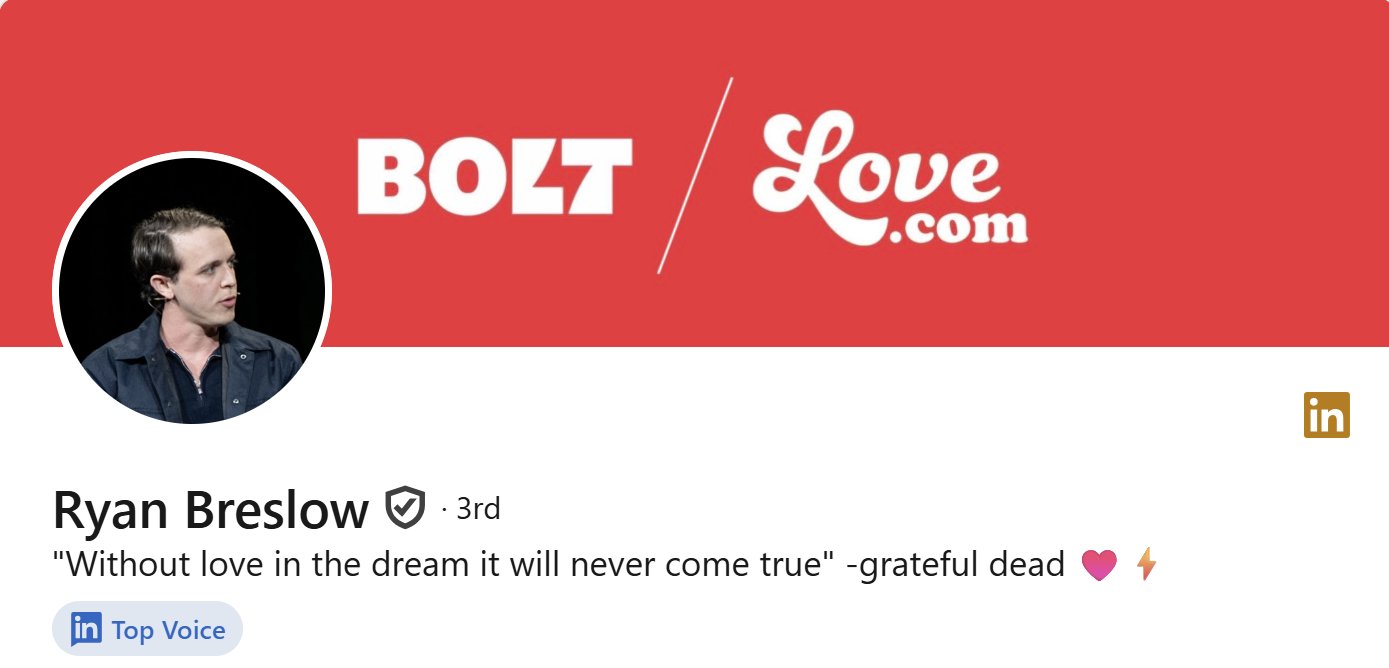 Ryan Breslow LinkedIn profile with Boltz and Love.com.