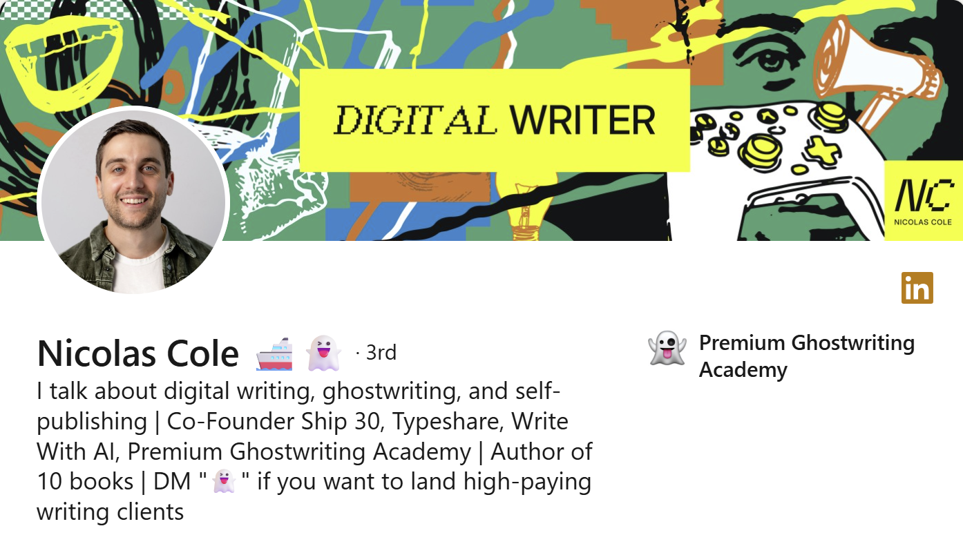 Nicolas Cole's LinkedIn banner showcasing digital writing