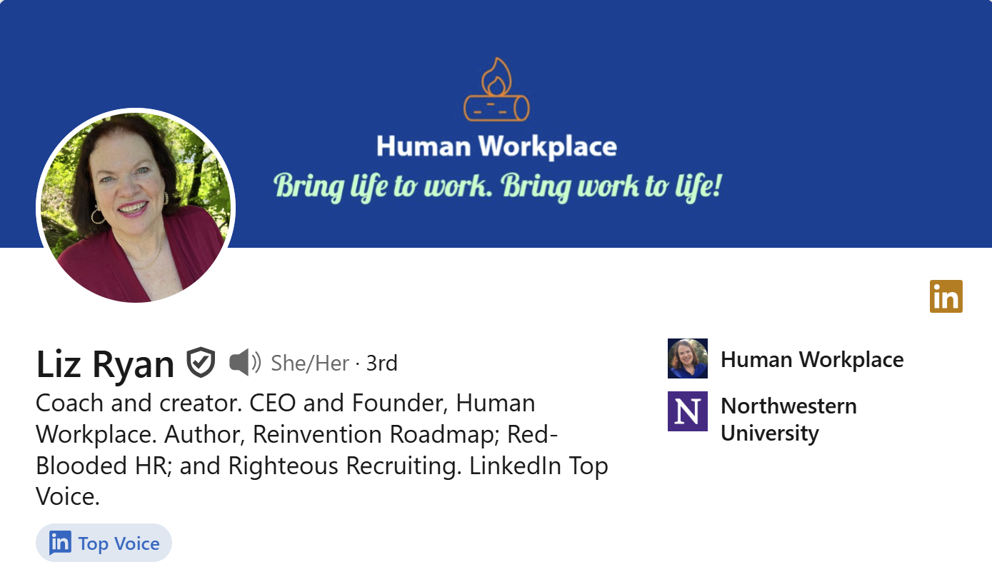 Liz Ryan's profile promoting Human Workplace mission.