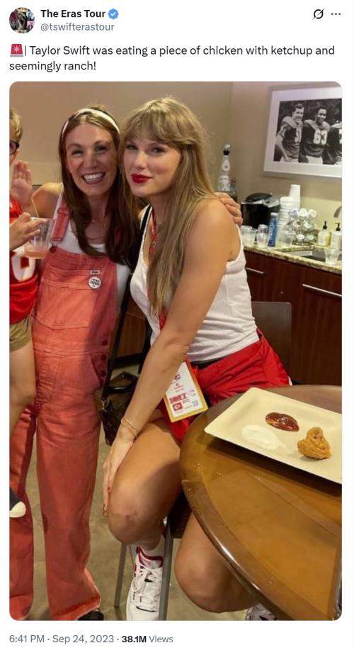 social post of Taylor Swift eating a piece of chicken with ketchup