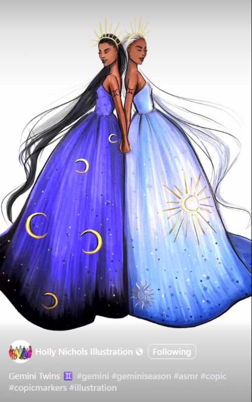 social post of an illustration of two woman in elegant dresses called the Gemini twins