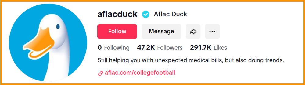 Aflac Duck's TikTok profile featuring follower count, likes, and a playful bio