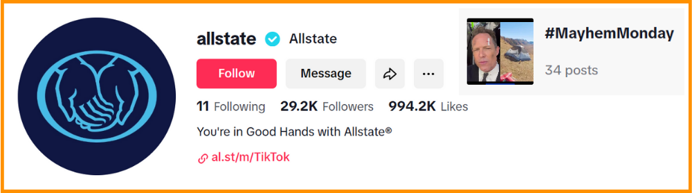 Allstate's TikTok profile with follower count, likes, and #MayhemMonday hashtag