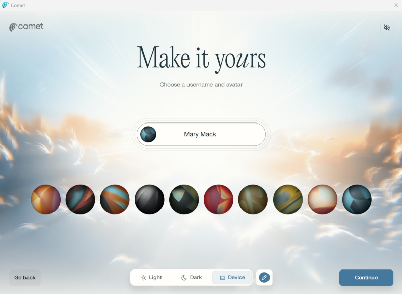 Comet app screen where user selects a username and avatar theme